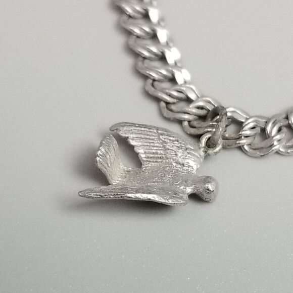 Vintage Elco Sterling Silver Merry Christmas Dove Charm Bracelet, Double Link - Picture 4 of 10